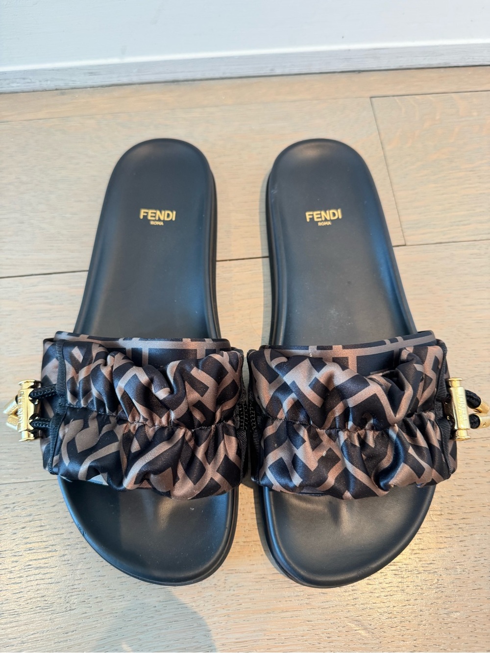 Fendi Black & Brown Monogram Satin Ruffle Slide Sandals